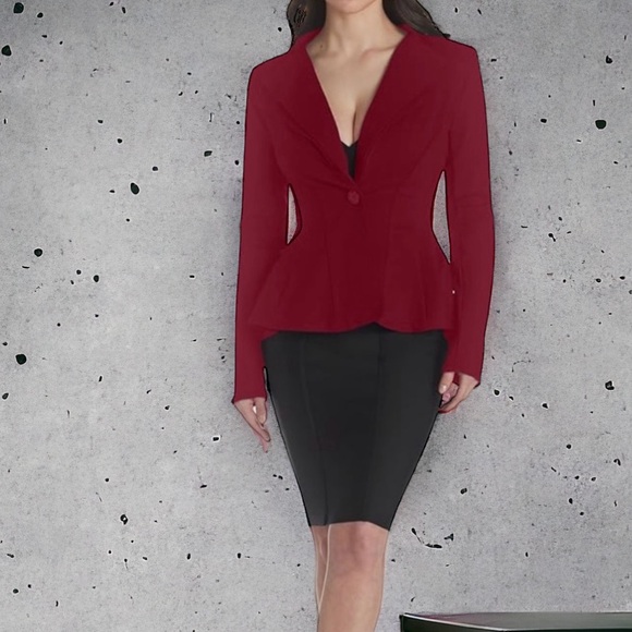 Hybrid and Co Burgundy Peplum Shoulder Pad 1 Button Stretch Blazer Plus Size 2X - Picture 2 of 10